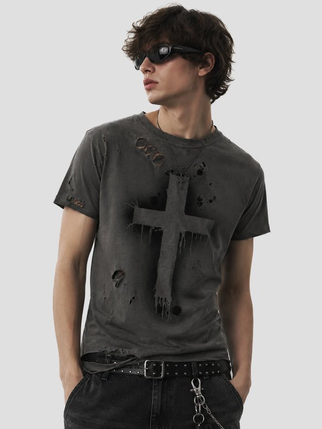None Unit Gothic Cross Distressed Tee in washed gray model front view