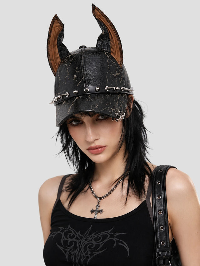 None Unit Gothic Dog Ear Pu Baseball Cap in black rivet female model front view