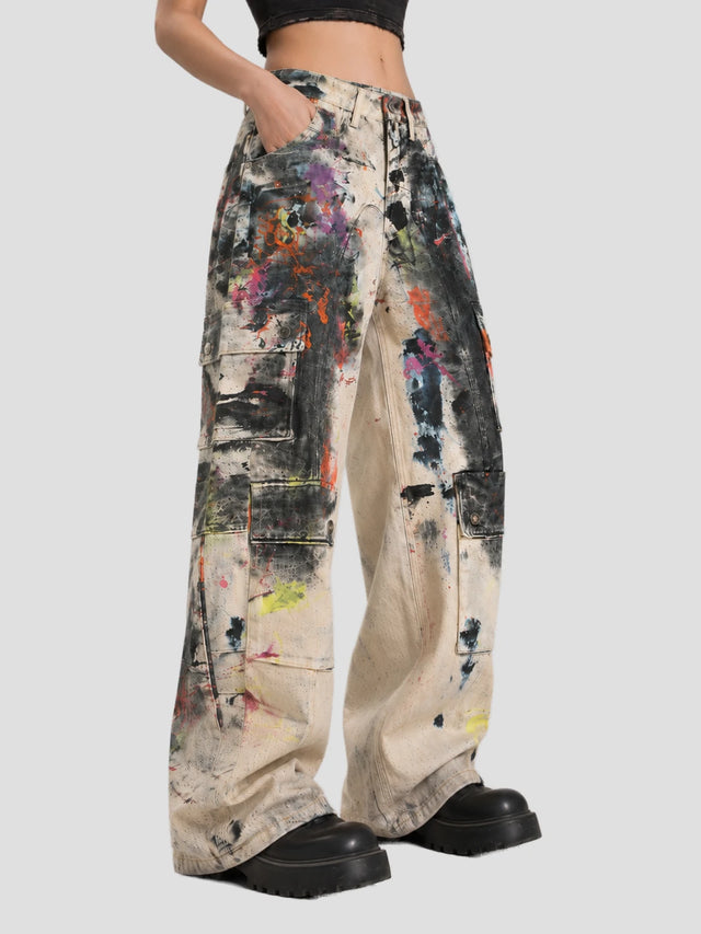 None Unit Graffiti Wash Wide-Leg Jeans in graffiti wash model back detail view