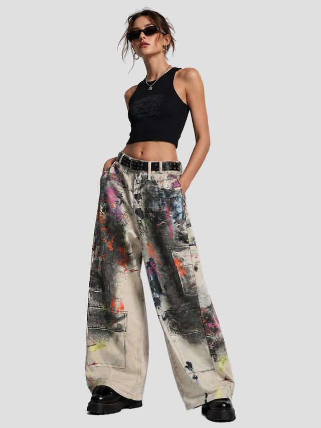 None Unit Graffiti Wash Wide-Leg Jeans in graffiti wash model front view