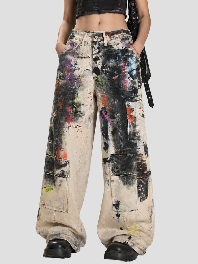 None Unit Graffiti Wash Wide-Leg Jeans in graffiti wash lower detail view