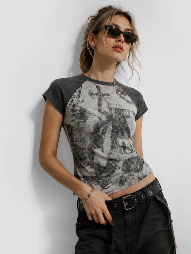 None Unit Grunge Cross Raglan Crop Tee in gray model front view