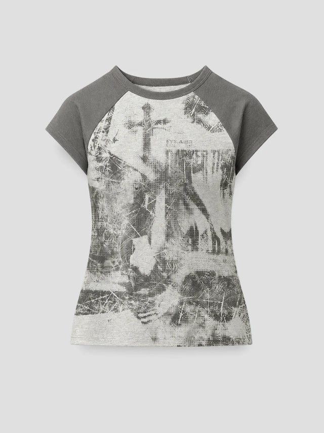 None Unit Grunge Cross Raglan Crop Tee in gray product front view
