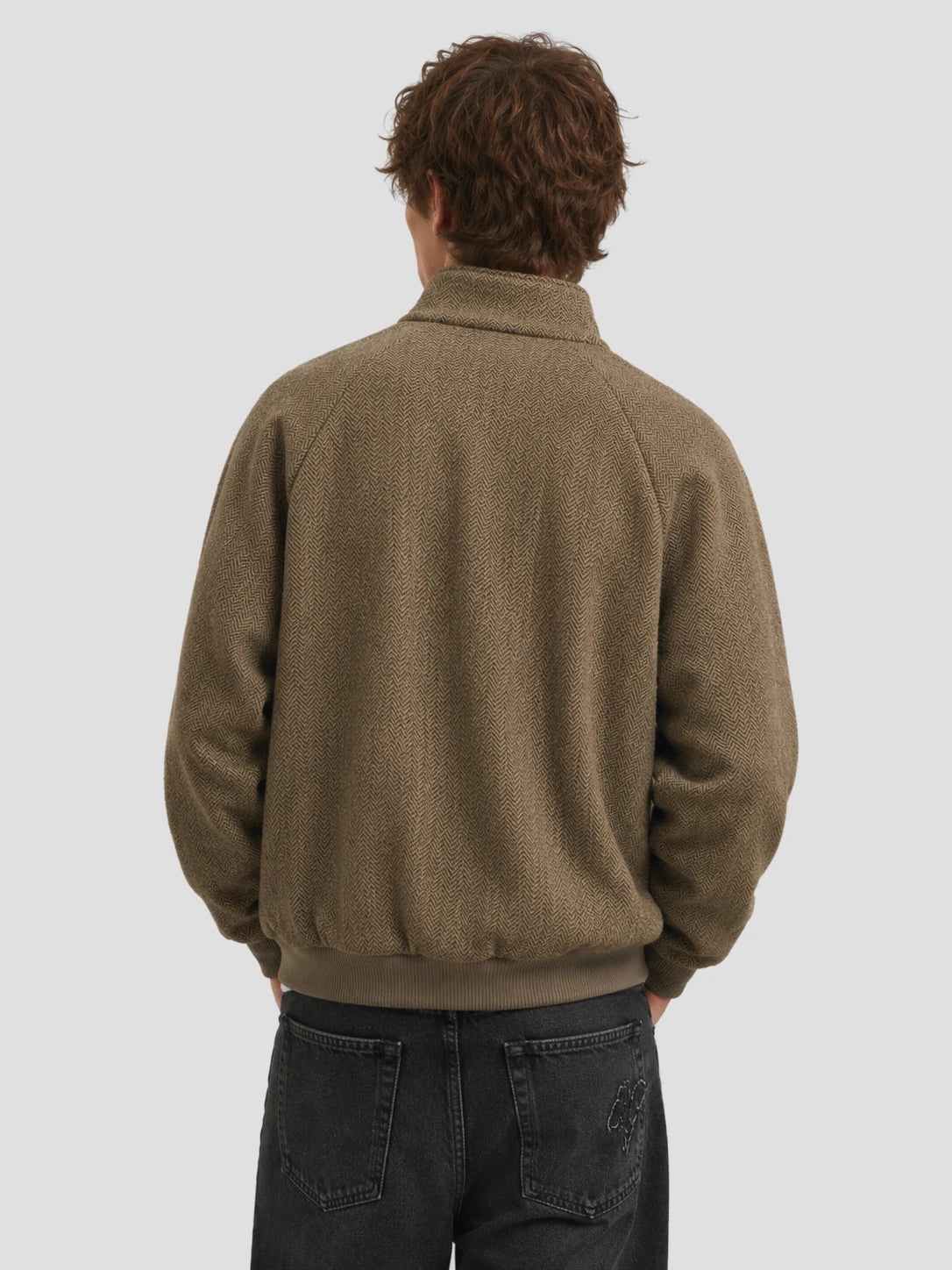None Unit Herringbone Zip Work Jacket in khaki male model back view