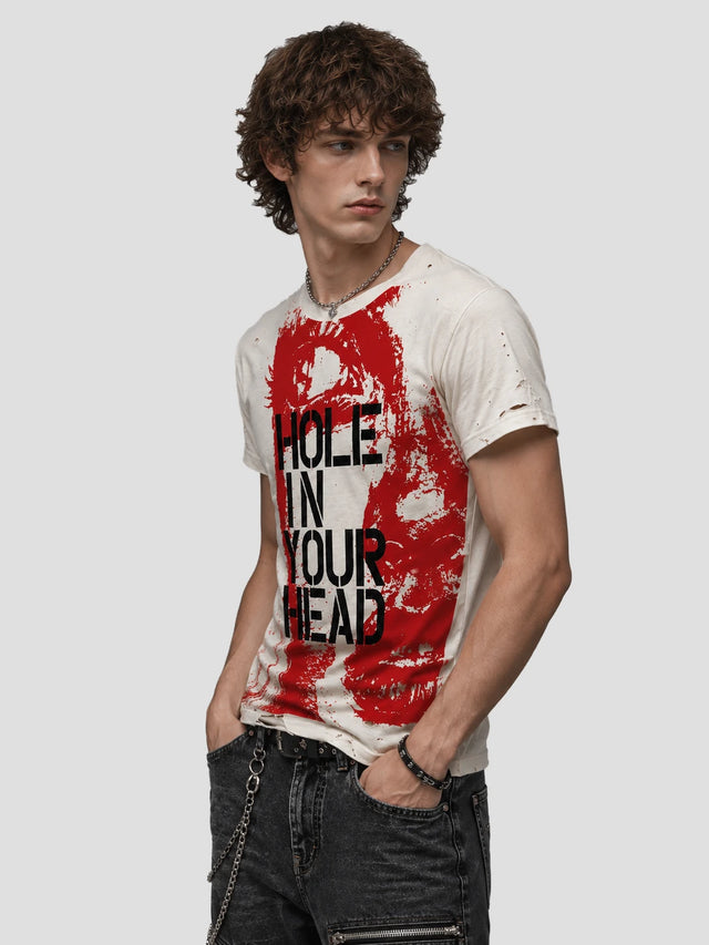 None Unit Hole In Your Head Distressed Tee in white model angle view