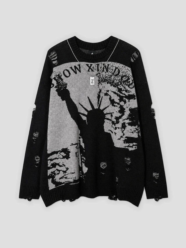 None Unit Liberty Hand Distressed Graphic Sweater in black product front view