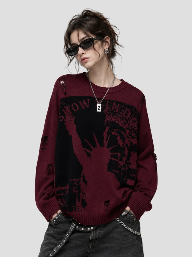 None Unit Liberty Hand Distressed Graphic Sweater in burgundy female model front view