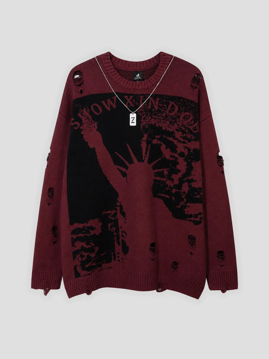 None Unit Liberty Hand Distressed Graphic Sweater in burgundy product front view