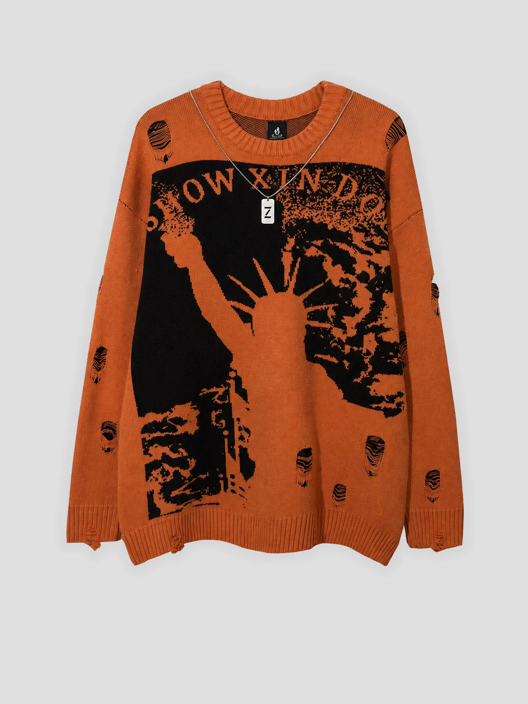 None Unit Liberty Hand Distressed Graphic Sweater in orange product front view