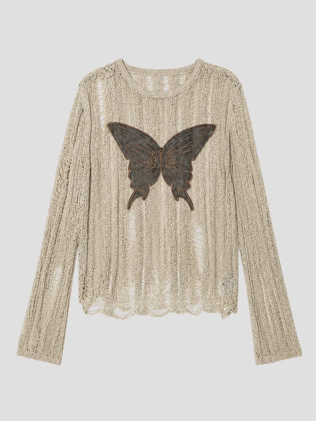 None Unit Moth Veil Distressed Knit Top in beige butterfly product front view