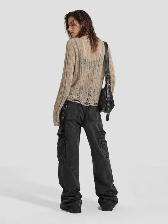 None Unit Moth Veil Distressed Knit Top in beige model back view