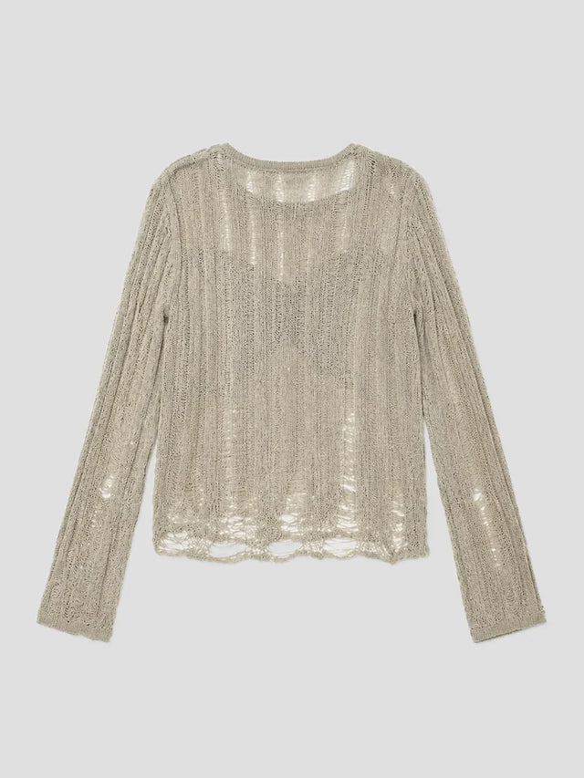 None Unit Moth Veil Distressed Knit Top in beige plain product front view