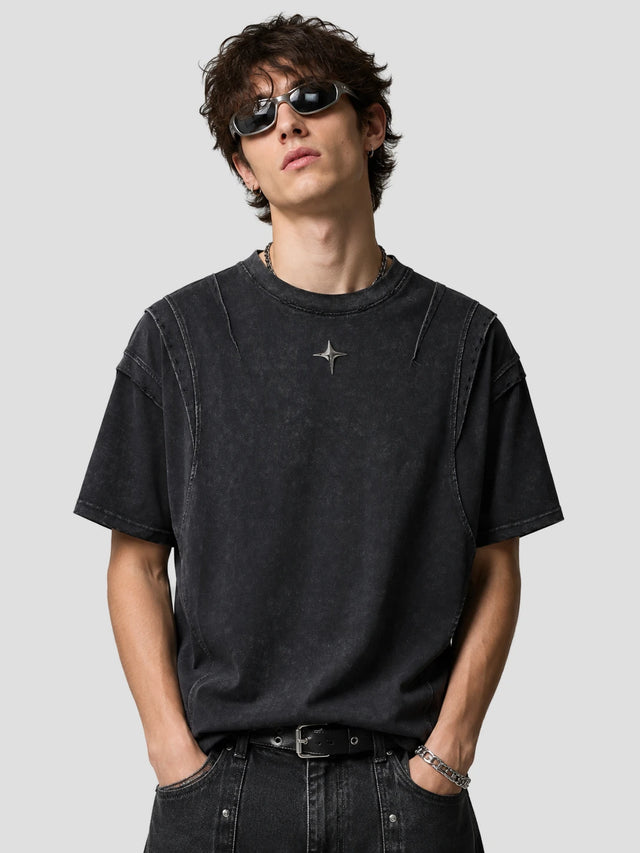 None Unit Orbital Panel Washed Tee in washed black model front view