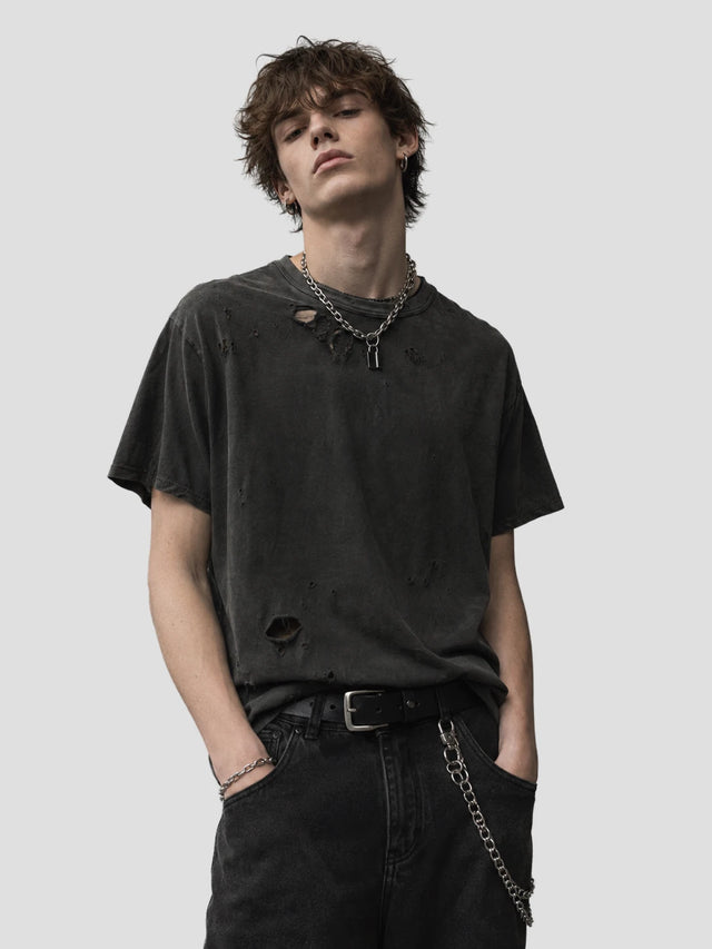 None Unit Ripped Washed Essential Tee in iron gray model front view