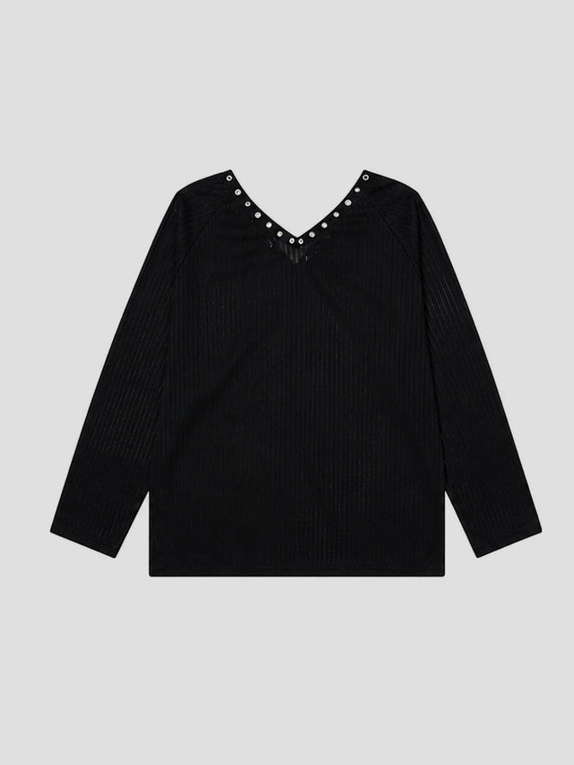 None Unit Rivet V-Neck Graphic Long-Sleeve Tee in black product back view
