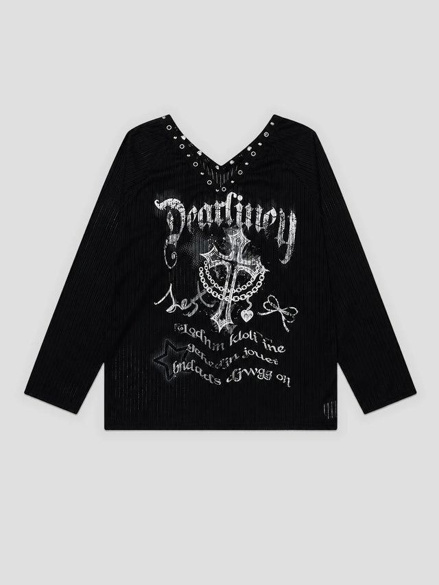 None Unit Rivet V-Neck Graphic Long-Sleeve Tee in black product front view