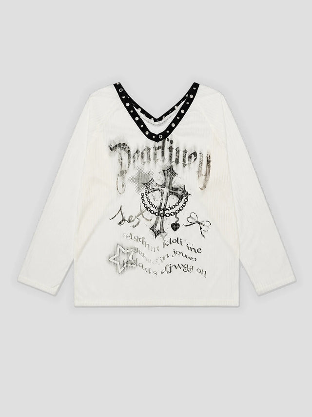 None Unit Rivet V-Neck Graphic Long-Sleeve Tee in white product front view