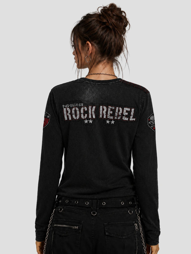 None Unit Rock Rebel Washed Henley in washed black model back view