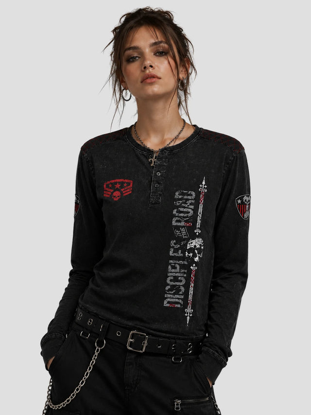 None Unit Rock Rebel Washed Henley in washed black model front view