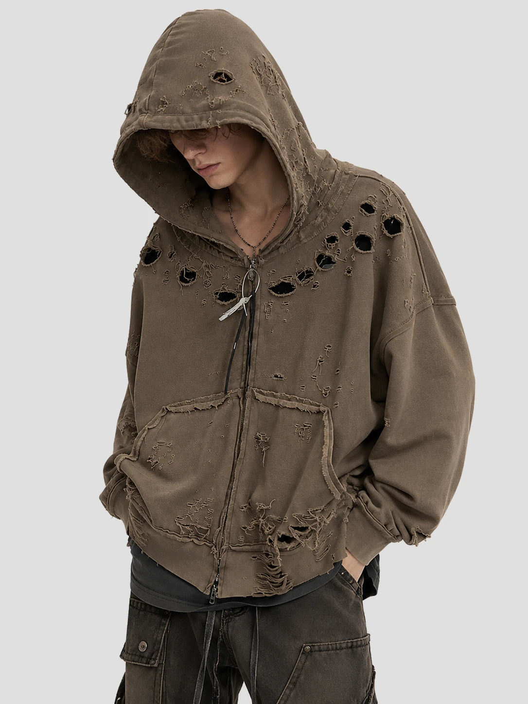 None Unit Ruin Rift Distressed Zip Hoodie in taupe male model alternate front view