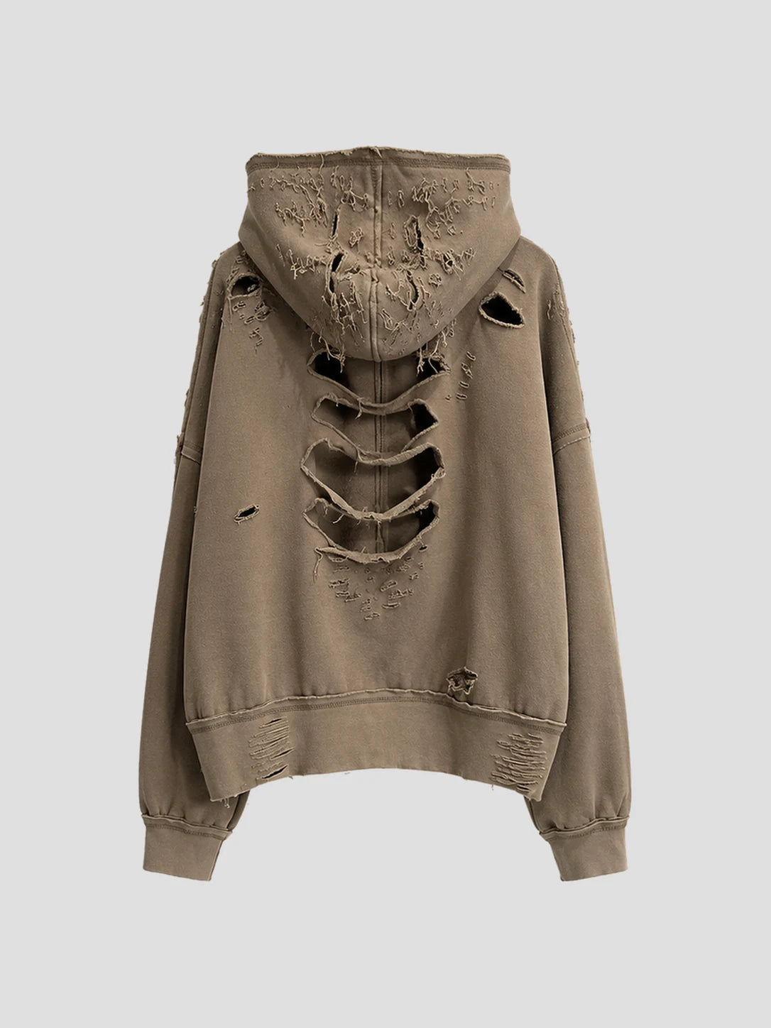 None Unit Ruin Rift Distressed Zip Hoodie in taupe product back view