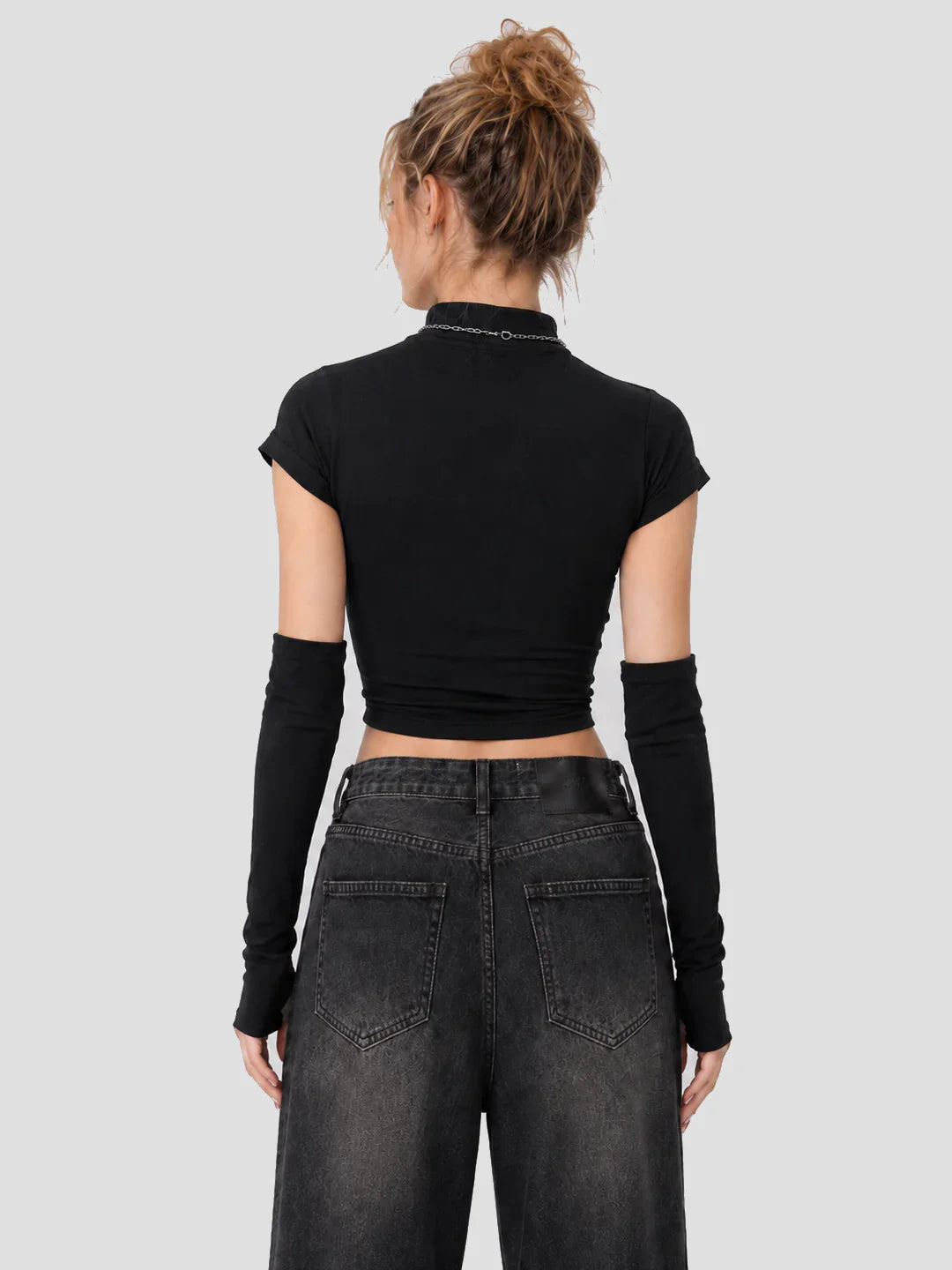 None Unit Signal cropped sleeve top in black back model view
