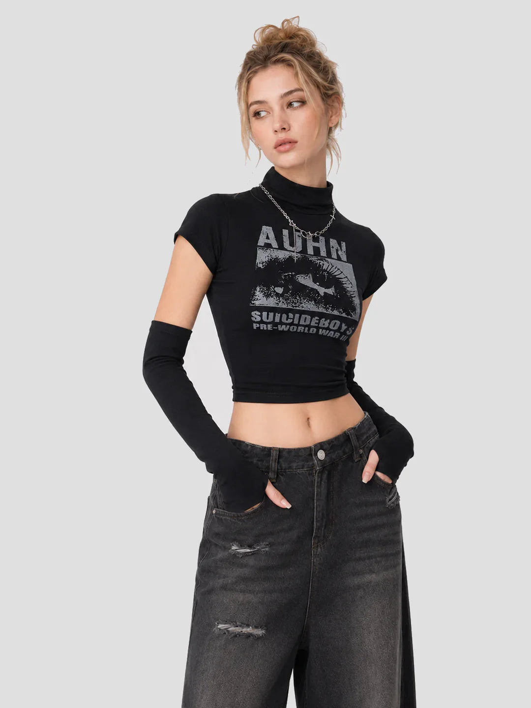 None Unit black cropped mock neck graphic top with arm sleeves styling view