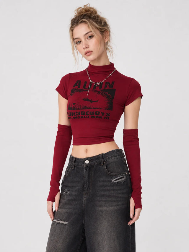None Unit Signal cropped sleeve top in red front model view