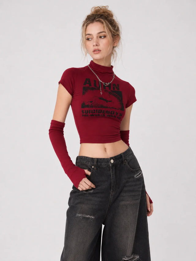None Unit red cropped mock neck graphic top with arm sleeves styling view