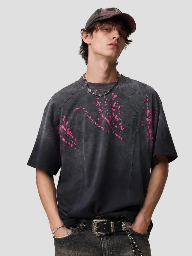 None Unit Signal Splatter Washed Tee in washed black model close view