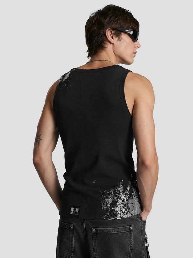 None Unit Silver Cross Washed Slim Tank in black male model back view