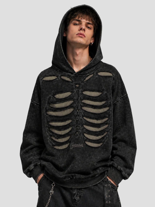 None Unit Skeleton Cutout Washed Hoodie in washed black model detail view