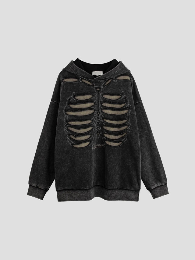 None Unit Skeleton Cutout Washed Hoodie in washed black product front view