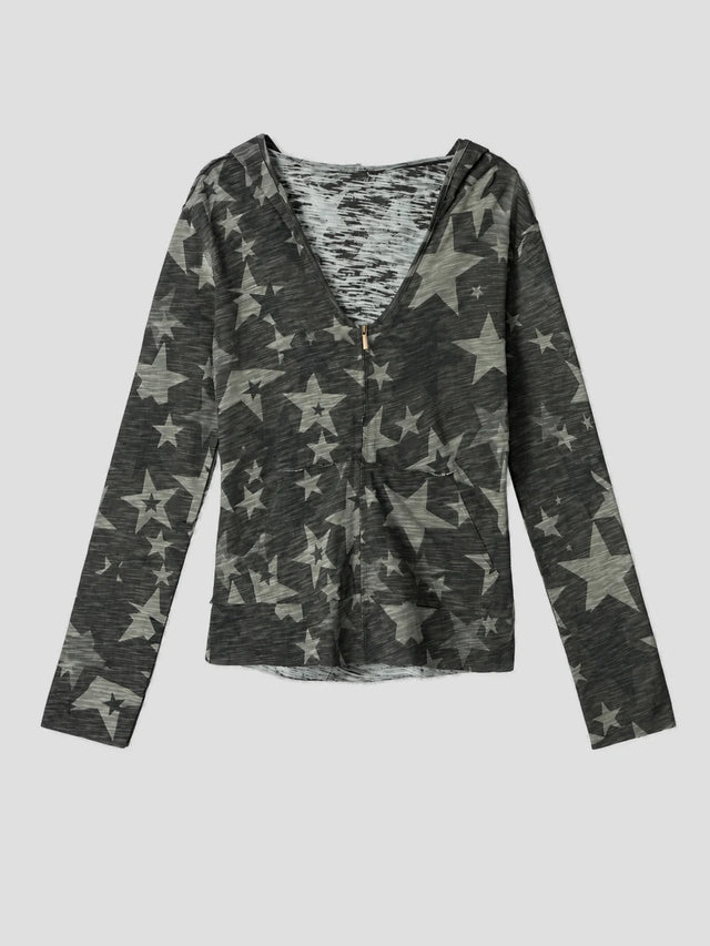 None Unit Star Camo V-neck Hooded Top in green product front view