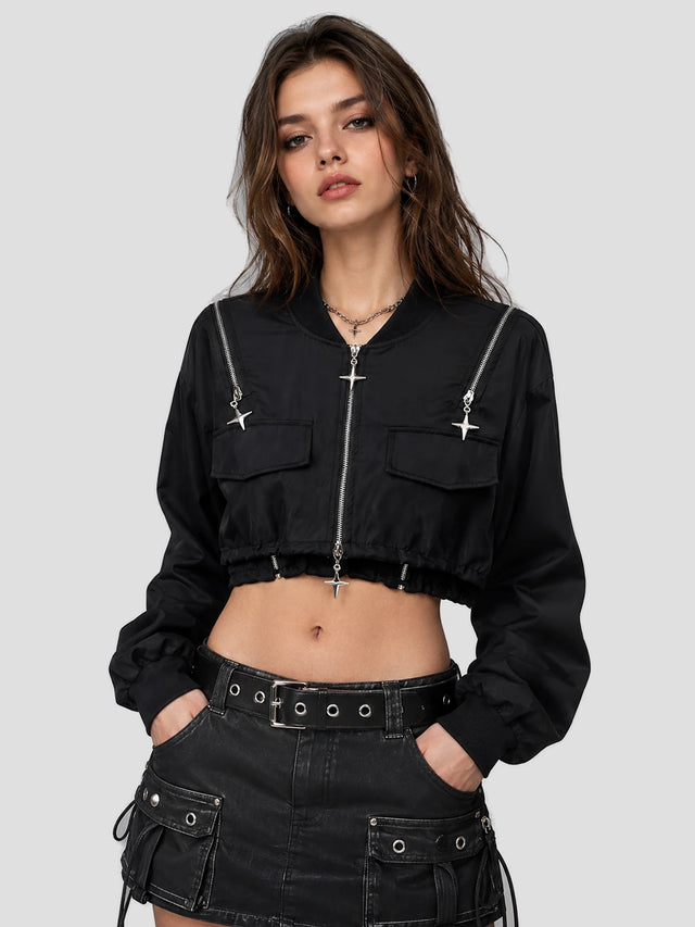 None Unit Star Zip Cropped Bomber Jacket in black model front view