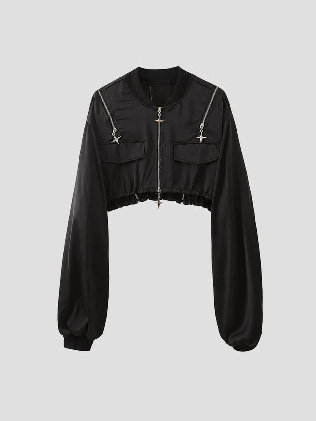 None Unit Star Zip Cropped Bomber Jacket in black product front view