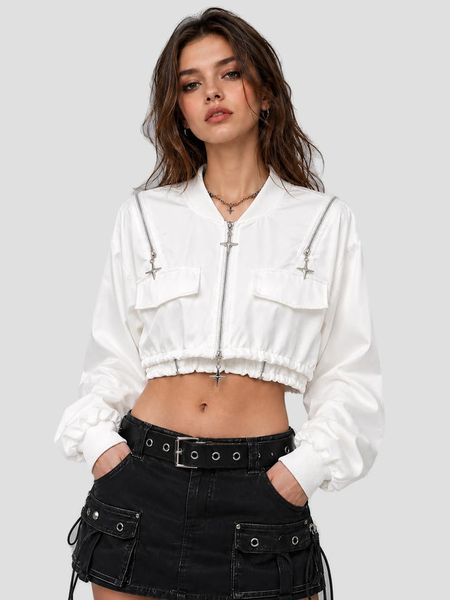 None Unit Star Zip Cropped Bomber Jacket in white model front view