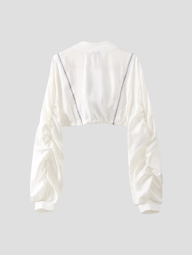 None Unit Star Zip Cropped Bomber Jacket in white product back view