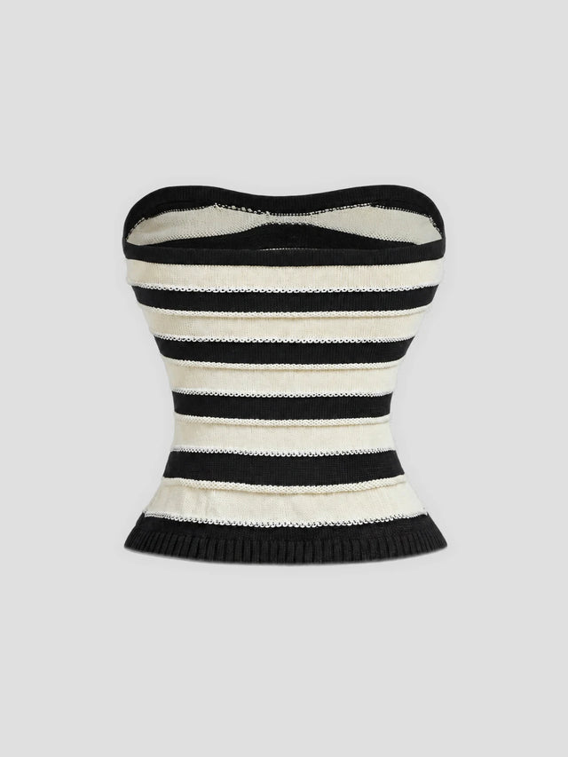 None Unit Stripe Button Tube Knit Top in black and ivory product back view
