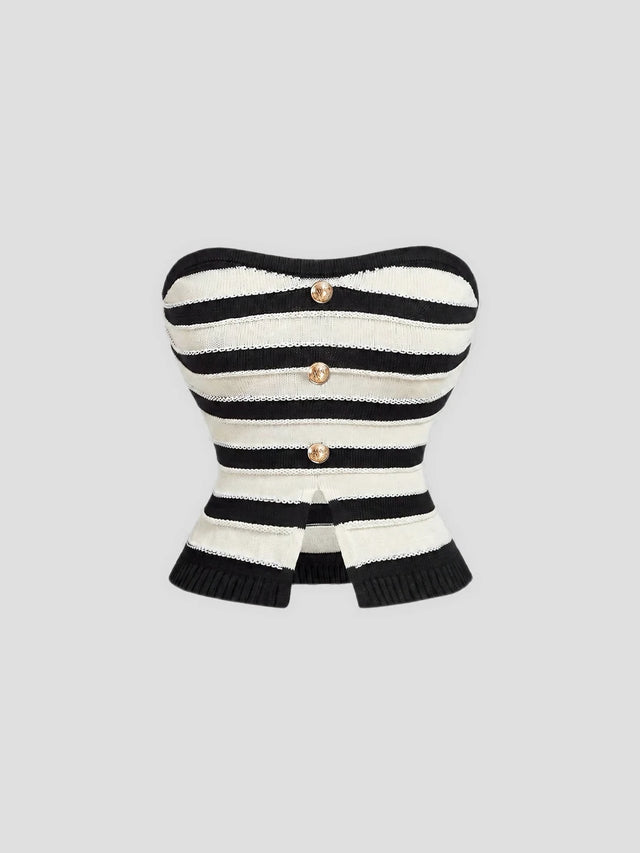 None Unit Stripe Button Tube Knit Top in black and ivory product front view
