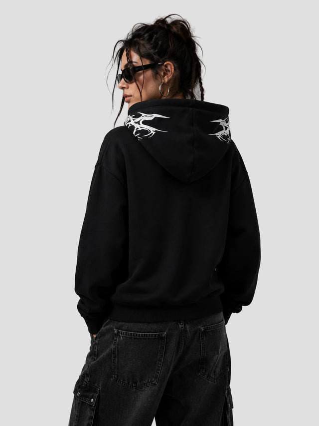 None Unit Tribal Script Zip Hoodie in black model back view
