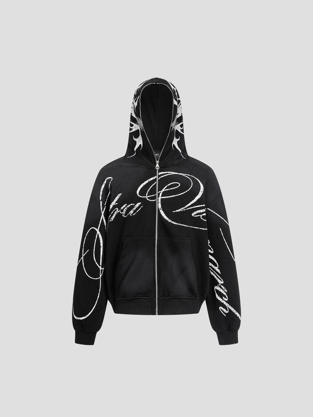 None Unit Tribal Script Zip Hoodie in black product front view