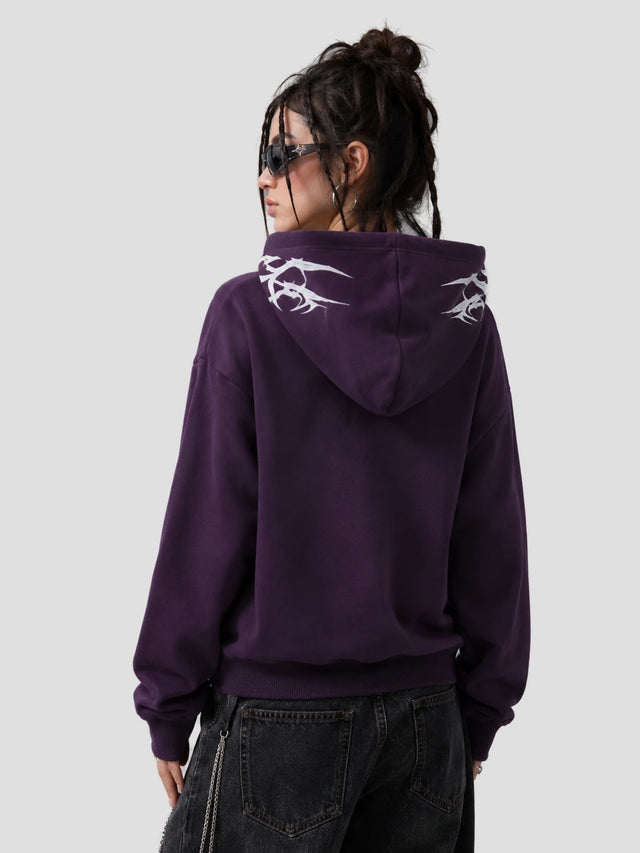None Unit Tribal Script Zip Hoodie in deep purple model back view