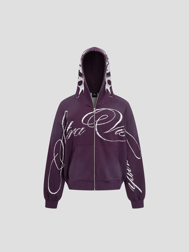 None Unit Tribal Script Zip Hoodie in deep purple product front view
