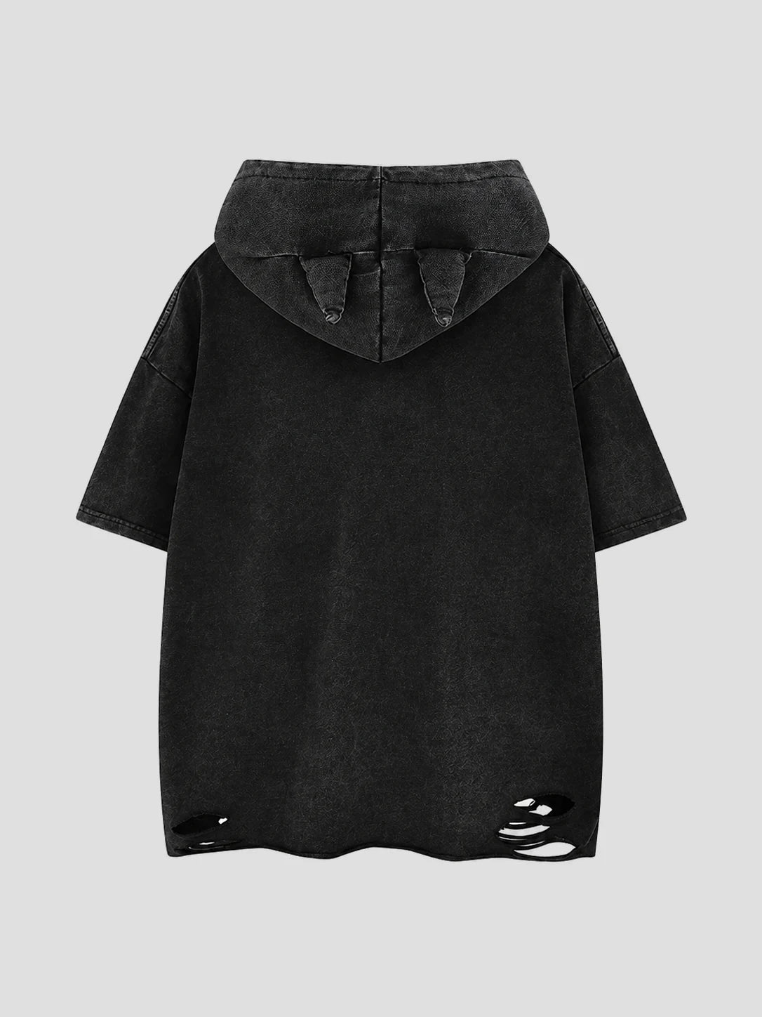 None Unit Wolf Relic Distressed Hooded Tee in washed black product back view