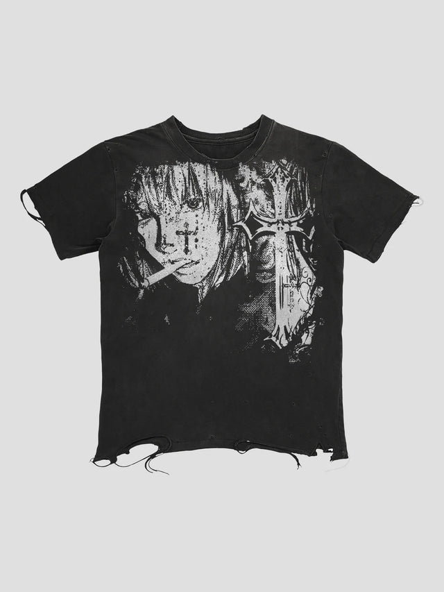 None Unit Wraith Panel Distressed Tee in washed black product front view