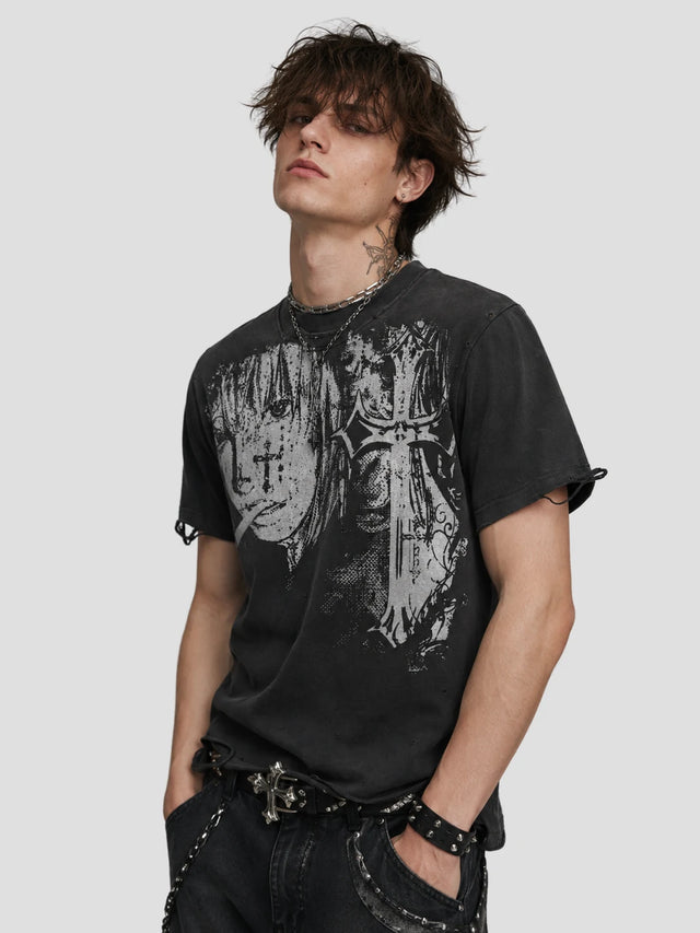 None Unit Wraith Panel Distressed Tee in washed black model front view