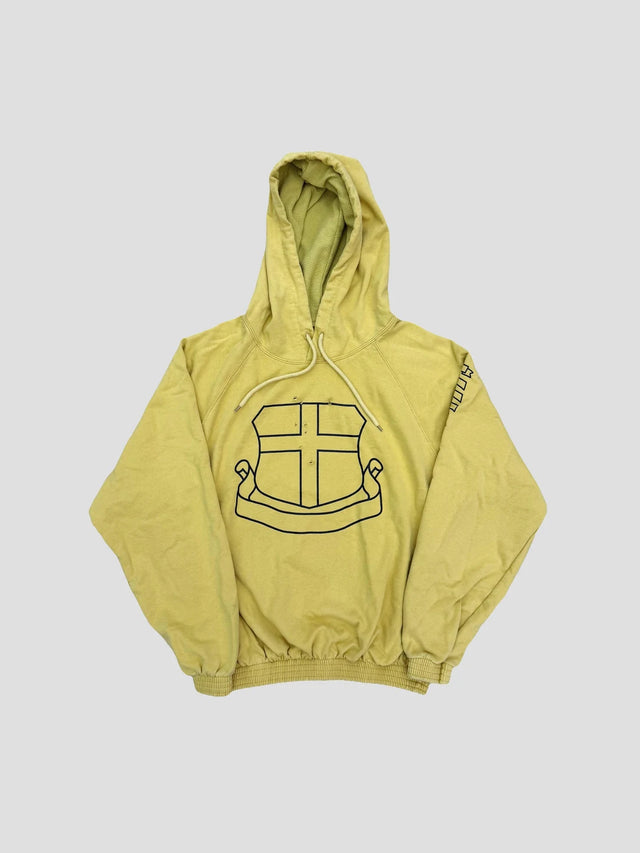 None Unit Yellow Shield Washed Hoodie in mustard yellow product front view