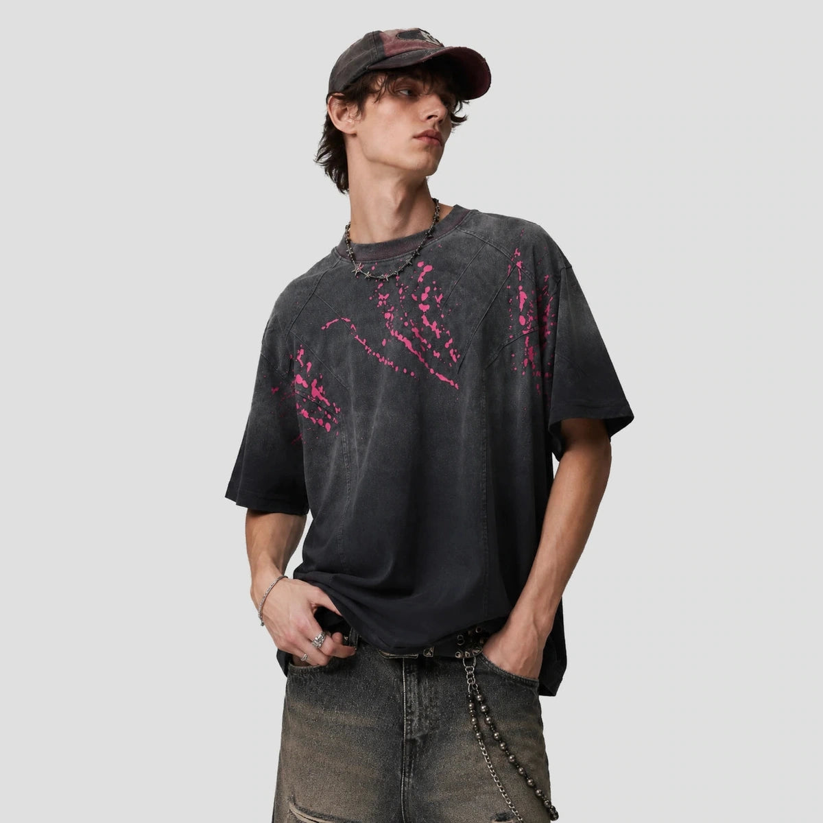 None Unit Signal Splatter Washed Tee in washed black model front view