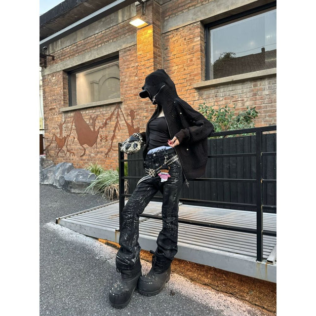 Avant-Garde Hollow Knit Zip-Up Hoodie